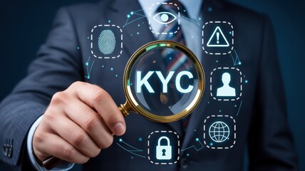 Business professional examines customer identification verification process under a magnifying glass