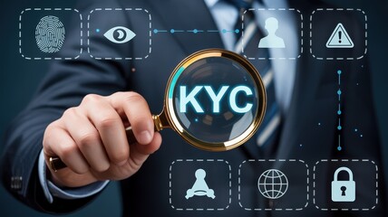 Business professional examines customer identification verification process represented by illuminated acronym under magnification