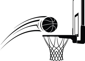 Basketball soaring toward hoop with motion blur vector graphic