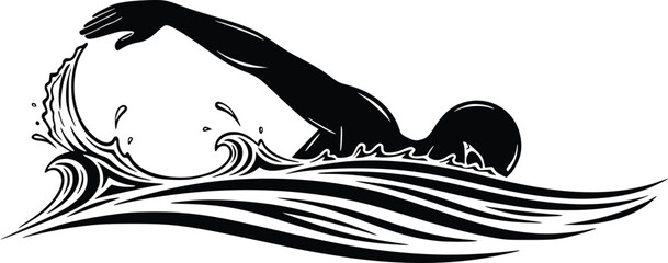 Swimmer silhouette performing crawl stroke through water waves