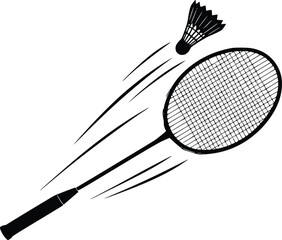 Badminton racket hitting shuttlecock in dynamic motion on white