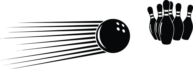 Bowling ball striking pins with dynamic speed lines, sport game icon