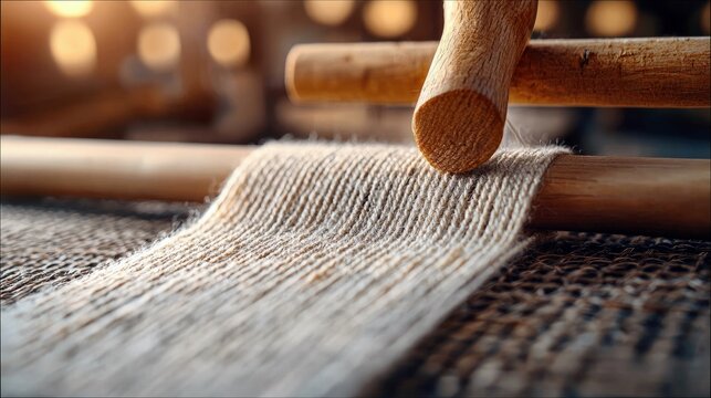 Close-up of a weaving loom in action, showing the process of creating fabric. The image focuses on the wooden frame and the woven material, bathed in warm light
