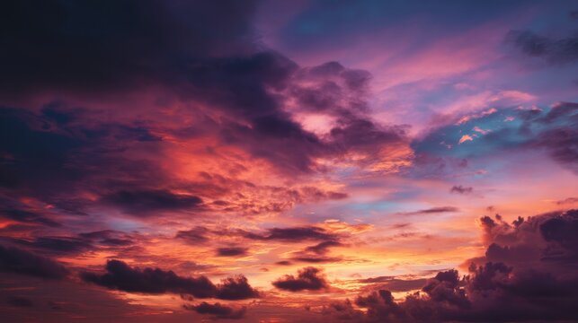 The sky is filled with clouds and the sun is setting, creating a beautiful and serene atmosphere