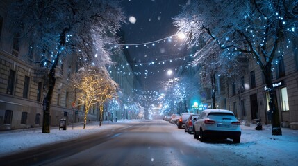 Street with a car parked on the side. The street is covered in snow and has lights on the trees