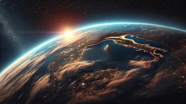 video of planet Earth seen from space with glowing city lights outlining its curved horizon
