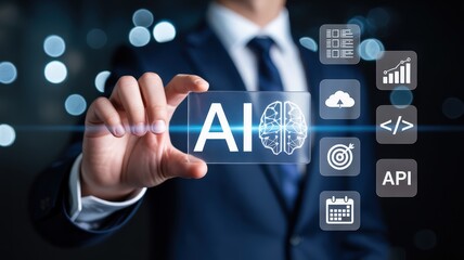 Businessman presents holographic display featuring artificial intelligence symbol and related technology icons