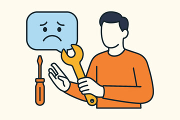Frustrated person with tools and sad face emoji in speech bubble