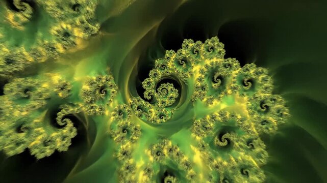 Endless hypnotic digital zoom into a complex geometric fractal structure featuring vibrant green and yellow recursive patterns pattern, mathematical, geometric fractal structure