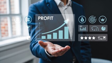 Businessman presenting a holographic display showing increasing financial profit metrics above his open palm
