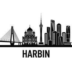 Obraz premium Harbin city skyline silhouette vector illustration black and white design