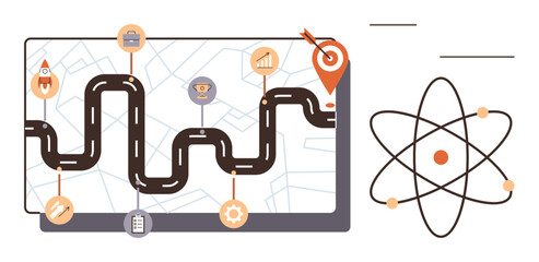 Road with milestones on map screen, target with arrow, and atom icon. Ideal for business strategy, goal setting, innovation, success path, productivity, progress tracking simple flat metaphor