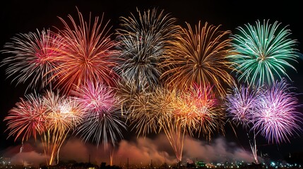 A stunning display of colorful fireworks lighting up the night sky, celebrating special occasions with vibrant colors and mesmerizing patterns