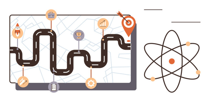 Road with milestones on map screen, target with arrow, and atom icon. Ideal for business strategy, goal setting, innovation, success path, productivity, progress tracking simple flat metaphor