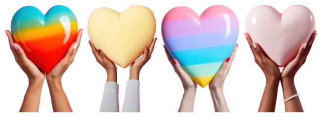 PNG Colorful hearts held by hands, element set on transparent background