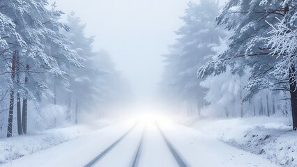 Obraz premium Serene winter road vanishing into fog with snow covered trees alongside path