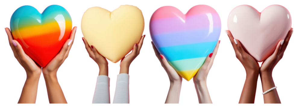 PNG Colorful hearts held by hands, element set on transparent background