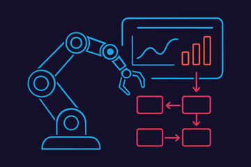 Robotic arm analyzing data and flowchart on dark background