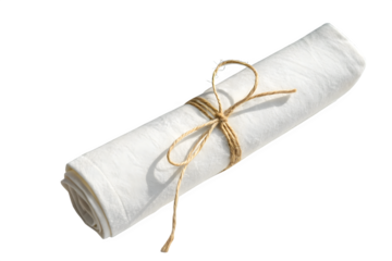 Rolled White Fabric Napkin Tied With Jute String on Transparent Background