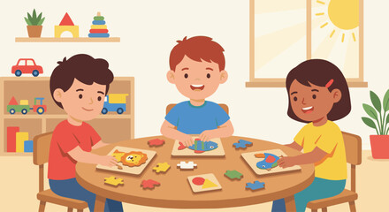 “Children building simple puzzles at a table, bright flat colors, minimal clean design, learning through play.”