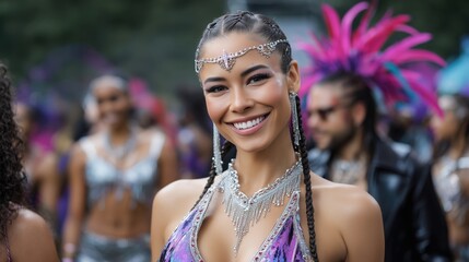 Woman in a purple outfit with a necklace and a headband