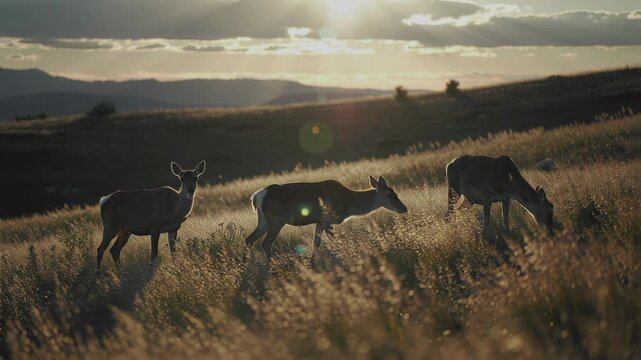 Deer grazing in a sunlit field with mountains at sunset, showing wildlife foraging and observing in nature.