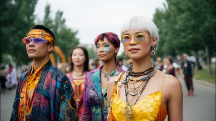 Group of people wearing colorful clothing and sunglasses. One woman is wearing a yellow dress. There are several people in the group, including a man in an orange shirt