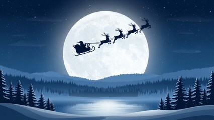 Naklejka premium Santas sleigh flies across the full moon night over a winter wonderland.