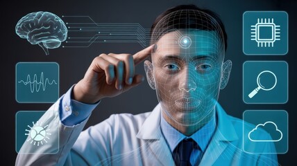 Scientist interacts with holographic interface displaying advanced biological and technological data
