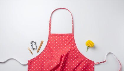 Red polka dot apron with baking tools and yellow flower on white background