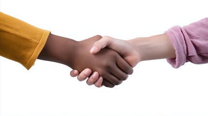 Two hands shaking hands. One is black and the other is white. The person on the left is wearing a yellow shirt