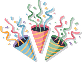 Three Party Poppers Exploding Confetti and Streamers