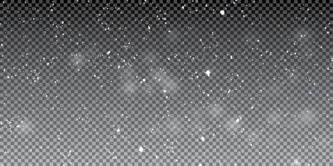 White snowflakes on a transparent background. Snow flakes, snow background. Heavy snowfall, snowflakes in different shapes and forms.