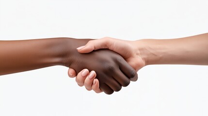 Two hands shaking hands. One is black and the other is white. The person on the left is wearing a yellow shirt