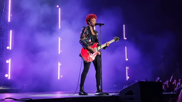 Singing guitarist plays electric guitar on stage. Musician performs live rock concert with microphone. Spotlight and fog create moody atmosphere. Audience cheers as singer leads energetic performance.