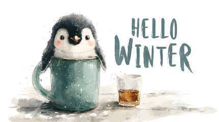 Illustration of a mugs with playful penguin greeting cold winter season, text above reads 'Hello Winter' in watercolor style.