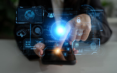 A futuristic command center interface for managing a global technology platform. The dashboard includes data security, network administration, and biometric user authentication. Fermion