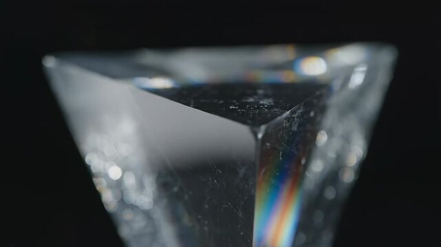 Extreme macro close-up of a flawless triangular glass prism edge causing intense light distortion and shimmering reflection effects precision, macro, smooth