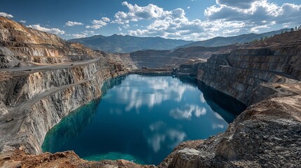 Serene blue lake fills abandoned open-pit mine under sunny skies, reflecting clouds and mountains, offering a dramatic landscape for environmental stories