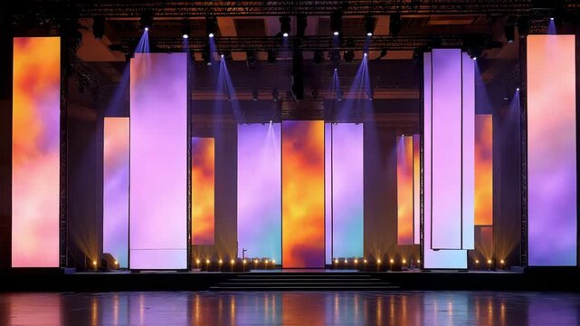 Several enormous shining LED screens are part of the empty pro stage design.  Bright digital video panels with dynamic, abstract, multicolored cloud patterns
