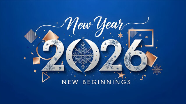 Elegant new year 2026 design with snowflakes and geometric shapes on blue background - Powered by Adobe