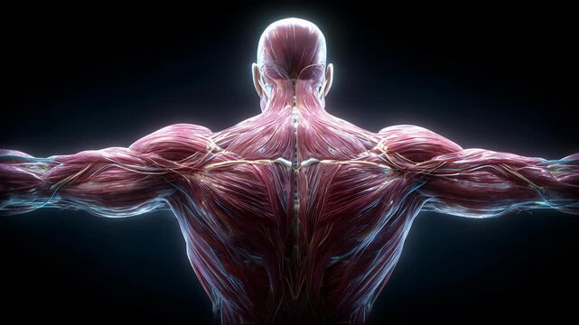 Anatomical Illustration of Human Back Muscles: Detailed Musculature, Anatomy, Physiology, Bodybuilding, Medical Visualization, Healthcare, and Scientific Representation on Dark Background