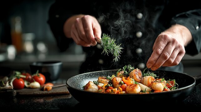 Elegant chef preparing delicious scallops with fresh dill in a modern restaurant kitchen, culinary art and gourmet seafood delight for foodies