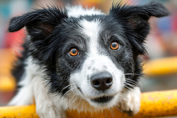Collie shines as it jumps through backyard agility course in bright sunshine Generative AI