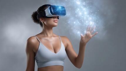 Person wearing VR headset reaching toward glowing digital particles in gray virtual environment with cosmic display