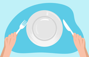 Hands holding knife and fork over clean plate preparing to eat. Dining table top view. Cutlery in arms. Food dish. Restaurant dinner. Cafe tableware serving. Banquet meal etiquette.