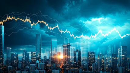 Futuristic City Skyline with Dynamic Financial Graph Overlay, Representing Economic Growth and Urban Development in a Dramatic Twilight Setting - Powered by Adobe