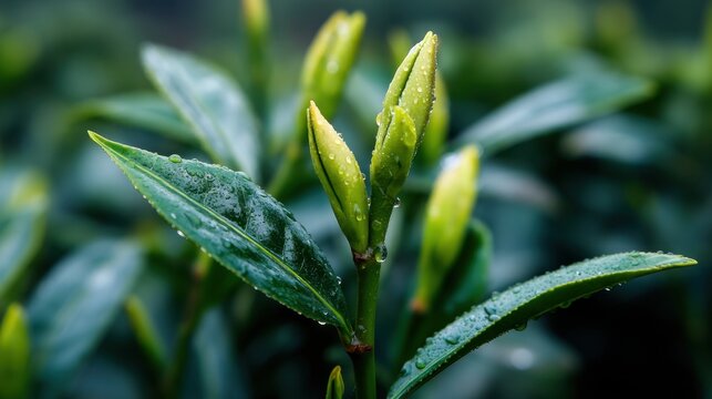A leafy green plant with droplets of water on it. The leaves are green and the droplets are clear