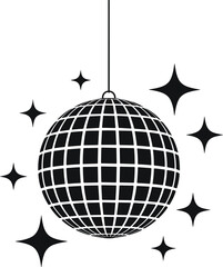Black disco ball with starbursts on white background