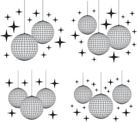 Four disco balls and starbursts graphic illustration